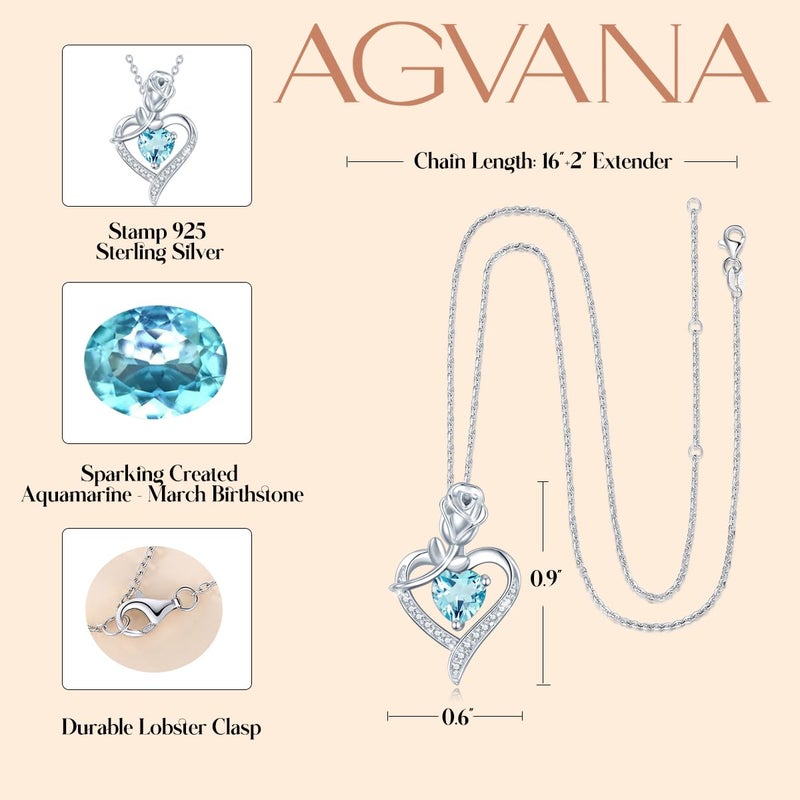 AGVANA March Birthstone Jewelry Aquamarine Necklace for Women Sterling Silver Rose Flower Heart Pendant Necklace Fine Jewelry Anniversary Birthday Gifts for Women Wife Lady Her - Image 5